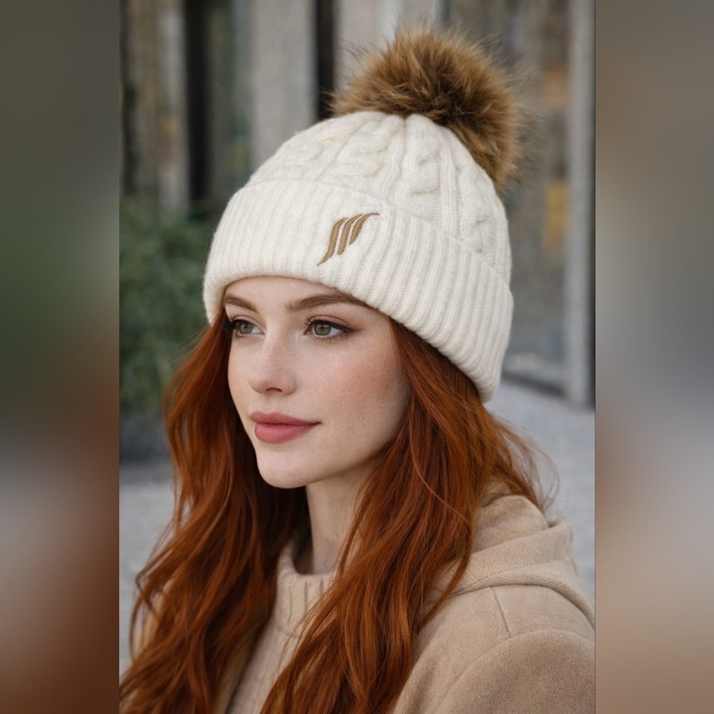 Cream Cable Knit Beanie with Faux Fur Pom